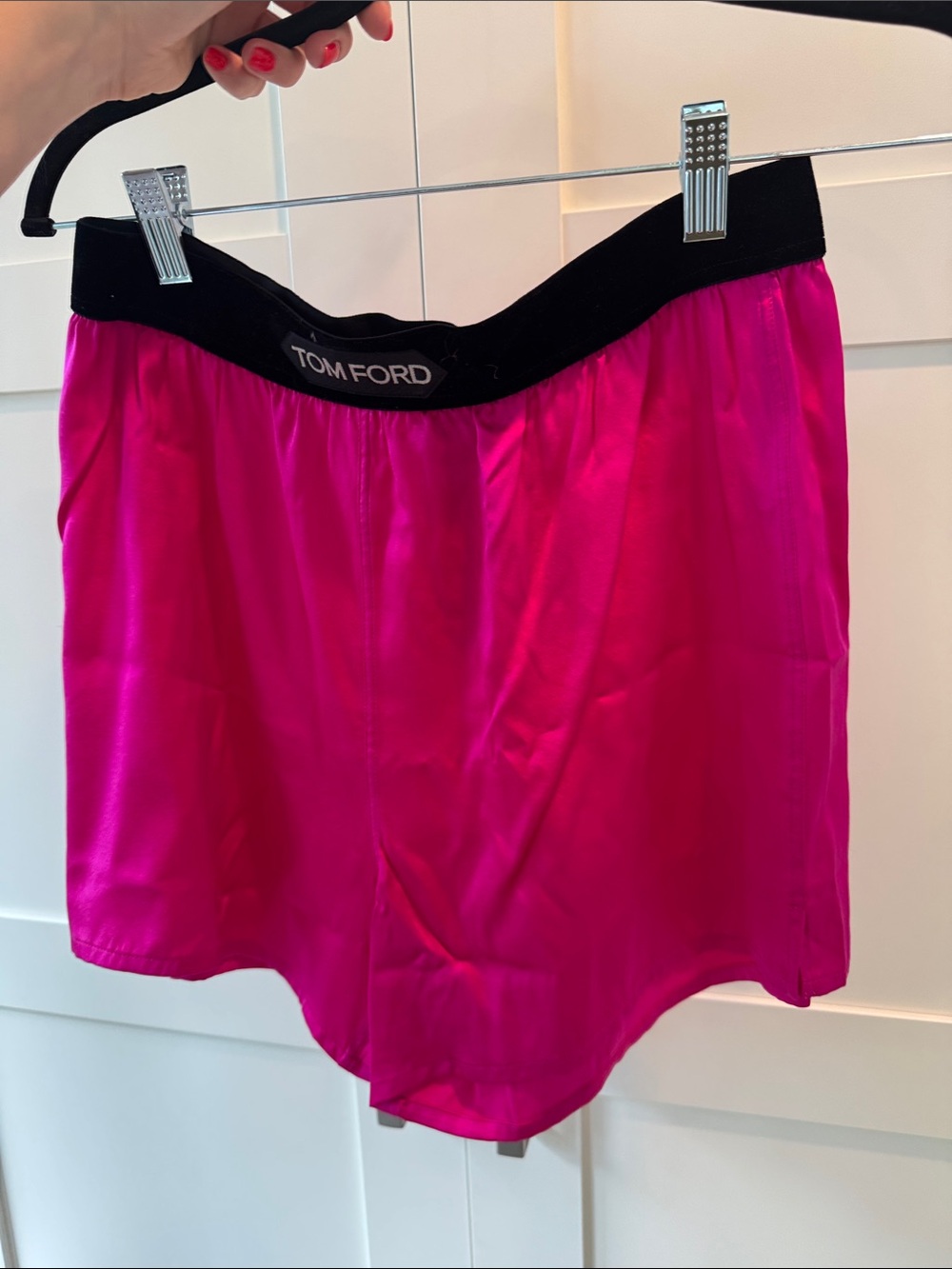Tom Ford Satin Bike Shorts in Fuchsia with Black Waistband - Picture 3 of 3